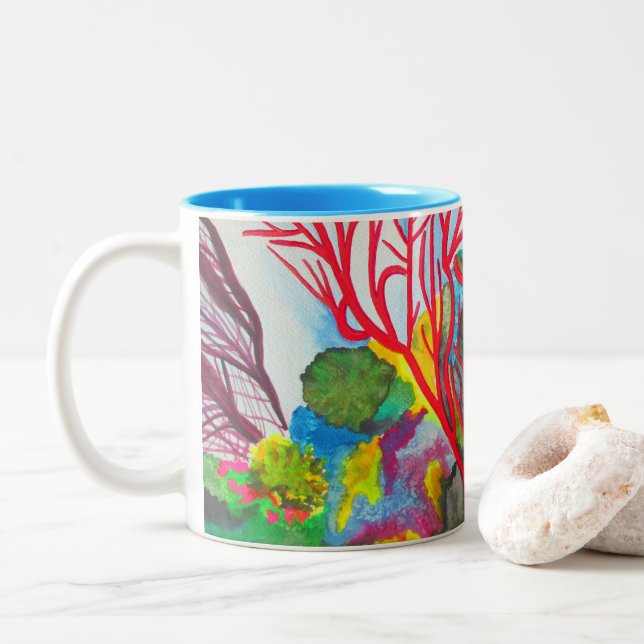 Coral Reef Great Barrier Reef ocean art Two-Tone Coffee Mug (With Donut)