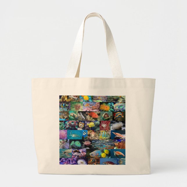 Coral Reef Marine Life Fish Animals Photos Collage Large Tote Bag (Front)