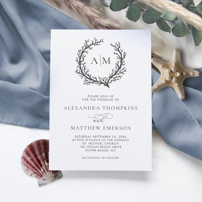 Coral Reef Nautical Dark Grey Minimal Wedding Invitation (Creator Uploaded)