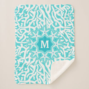 Coral Reef Ocean Starfish Monogram Aqua Blue Sherpa Blanket