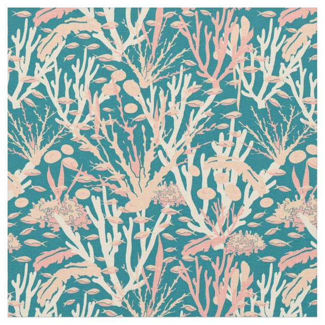 Coral Reef Seabed Pattern on Teal Blue Fabric (Close Up)