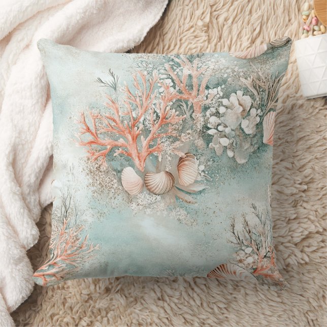 Coral Reef Seashells & Aqua Waves Pattern (10) Cushion (Blanket)