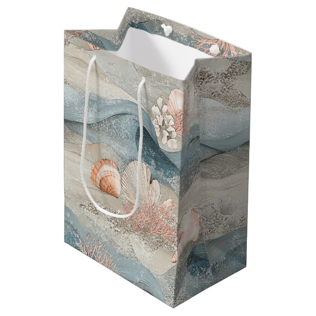 Coral Reef Seashells & Aqua Waves Pattern (11) Medium Gift Bag (Front Angled)