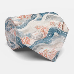 Coral Reef Seashells & Aqua Waves Pattern (13) Tie