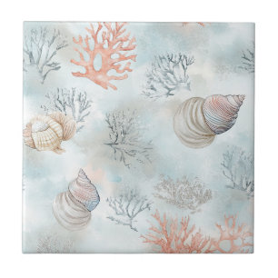 Coral Reef Seashells & Aqua Waves Pattern (1) Tile