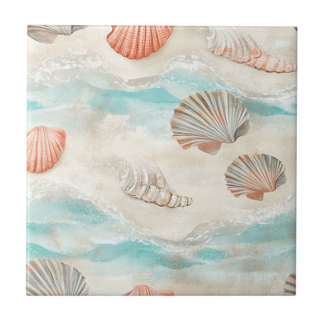 Coral Reef Seashells & Aqua Waves Pattern (2) Tile (Front)