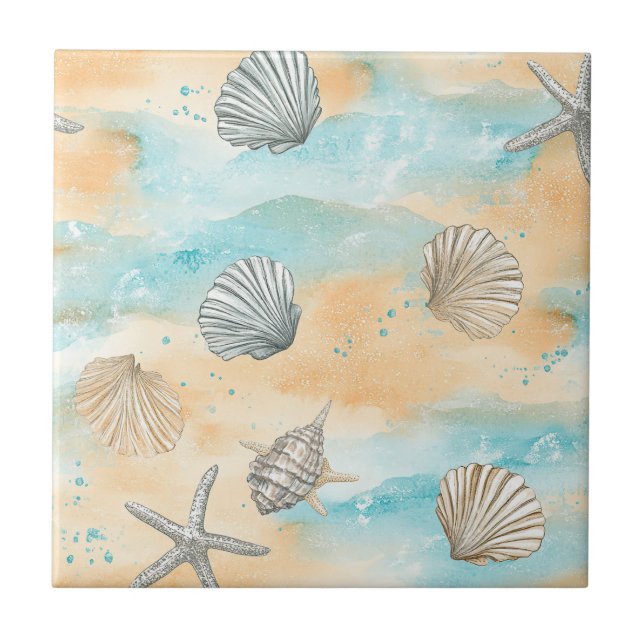 Coral Reef Seashells & Aqua Waves Pattern (5) Tile (Front)