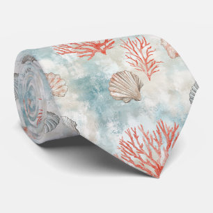 Coral Reef Seashells & Aqua Waves Pattern (7) Tie