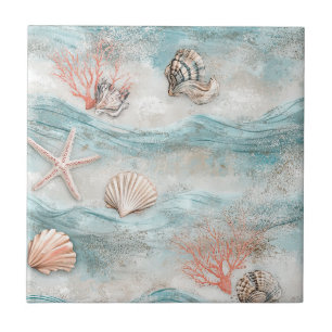 Coral Reef Seashells & Aqua Waves Pattern (9) Tile