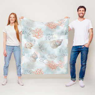 Coral Reef Seashells & Aqua Waves Pattern Fleece Blanket