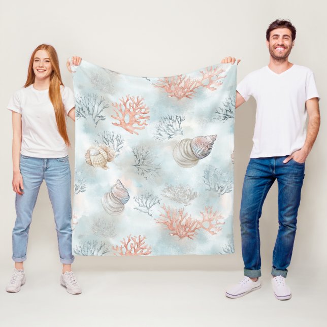 Coral Reef Seashells & Aqua Waves Pattern Fleece Blanket (In Situ)