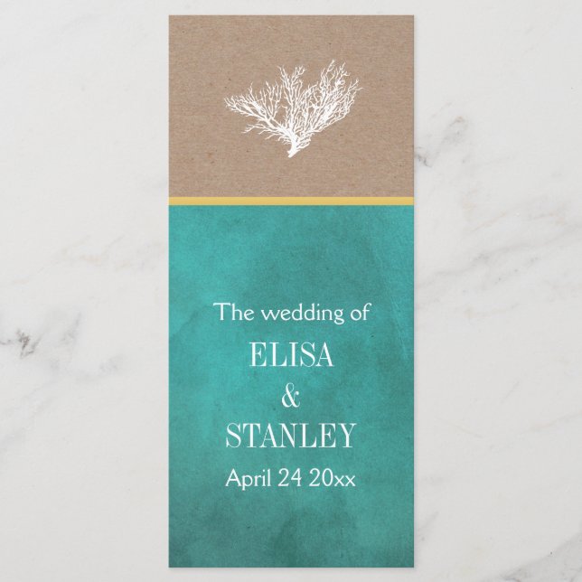 Coral reef teal kraft paper beach wedding program programme (Front)