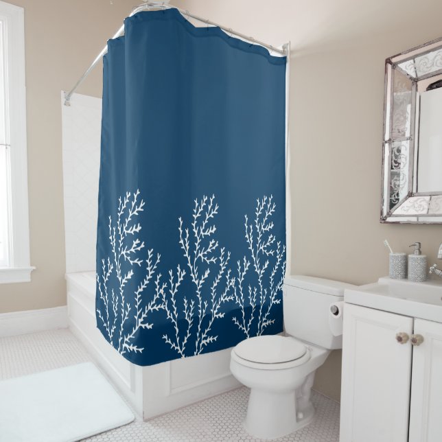 Coral Reef Theme Stylish Teal Blue Seaweed Pattern Shower Curtain (In Situ)