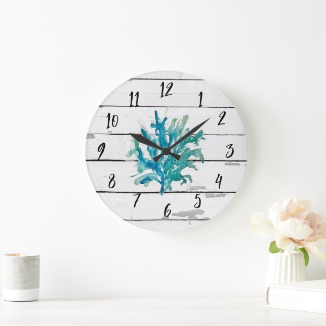Coral Reef Turquoise Beach Decor Rustc Shiplap Large Clock (Home)