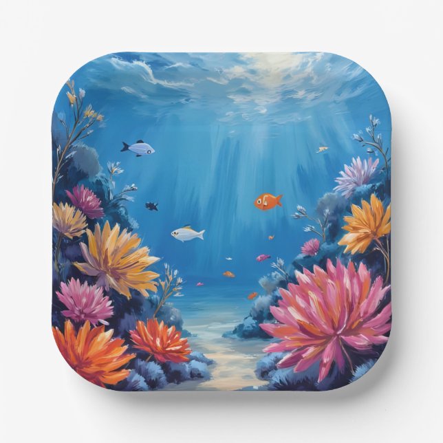 Coral Reef Under the Sea Ocean Painting Paper Plate (Front)