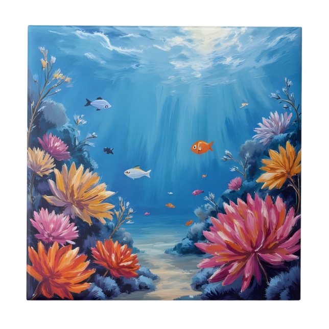 Coral Reef Under the Sea Ocean Painting Tile (Front)