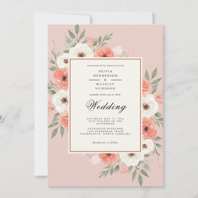Coral Romantic Botanical Wedding Invitation (Front)