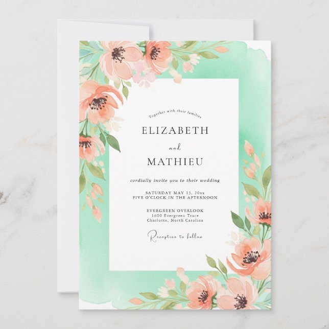 Coral Romantic Floral Wedding Invitation (Front)