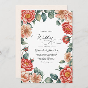 Coral Rose, Apricot Blush, and Soft Mint Wedding Invitation