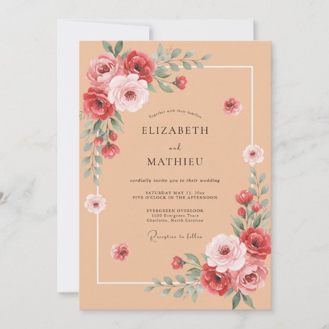 Coral Rose Arch Wedding Invitation (Front)