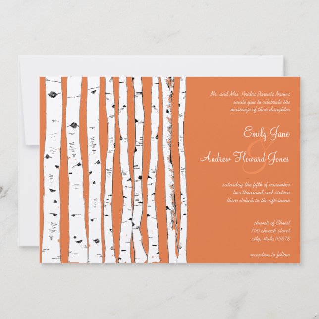 Coral Rose Birch Tree Wedding Invitations (Front)