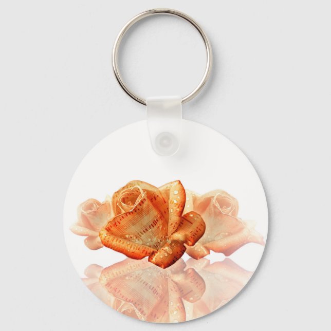 Coral Rose Blossom with Sheet Music Key Ring (Front)