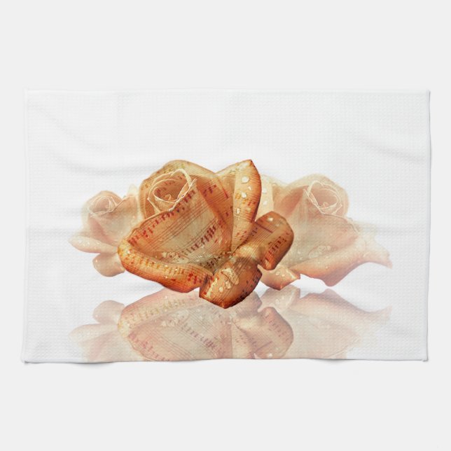 Coral Rose Blossom with Sheet Music Tea Towel (Horizontal)