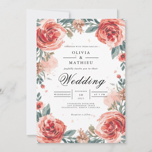 Coral Rose Botanical Arch Wedding Invitation (Front)