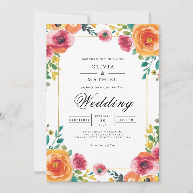 Coral & Rose Botanical Arch Wedding Invitation (Front)