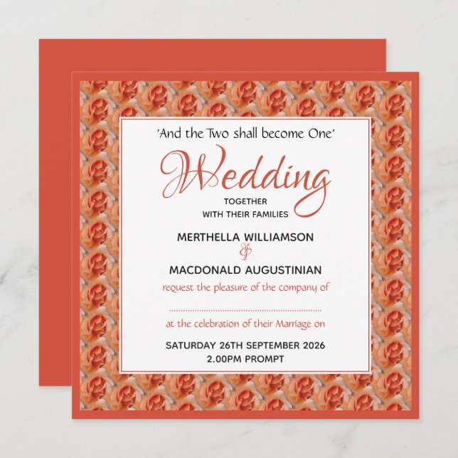 CORAL ROSE Floral Custom Square Wedding Invitation (Front/Back)