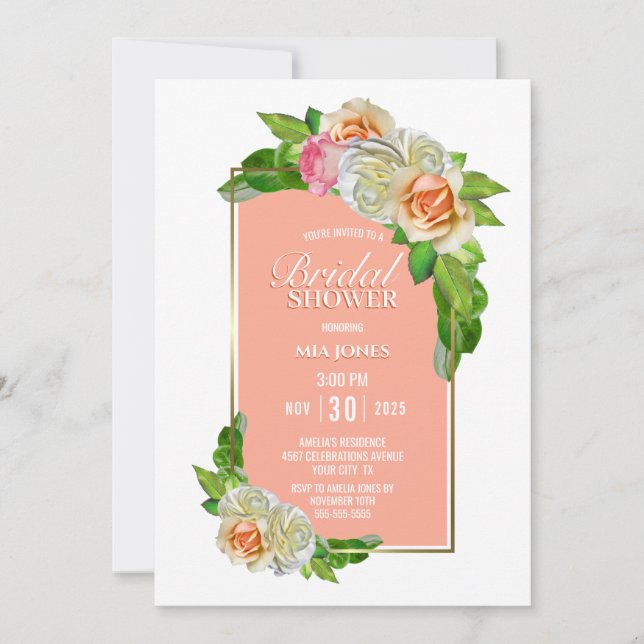 Coral Rose Floral Gold Border Bridal Shower Invitation (Front)