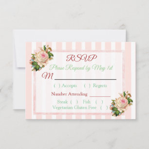 Coral Rose Floral Striped Wedding RSVP card