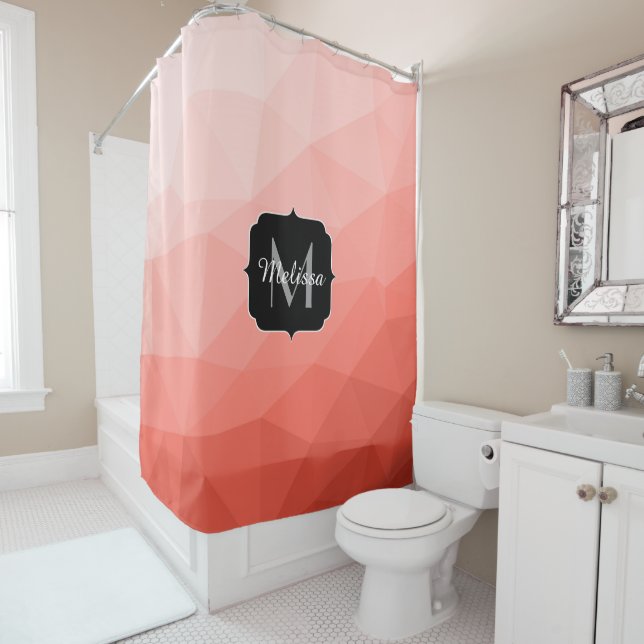 Coral rose geometric mesh ombre pattern Monogram Shower Curtain (In Situ)