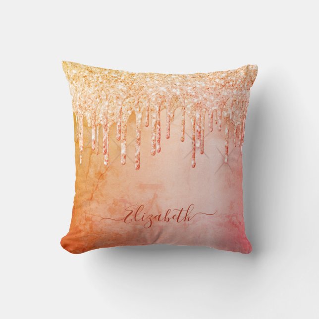 Coral rose gold glitter drips rustic glam name cushion (Front)