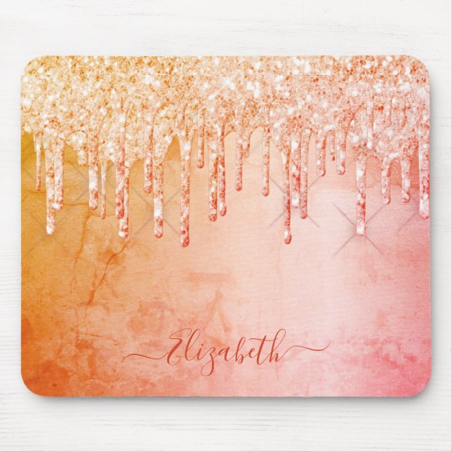 Coral rose gold glitter sparkle rustic monogram mouse pad (Front)