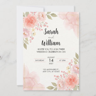 Coral Rose Gold Line Watercolor Wedding Invitation
