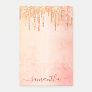 Coral rose gold pink glitter marble glam monogram post-it notes