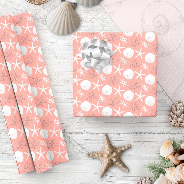 Coral Rose Gold Starfish Coastal Christmas Wrapping Paper (Creator Uploaded)