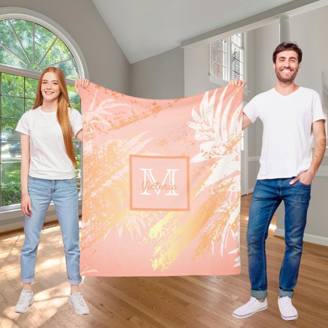 Coral rose gold tropical palm tree leaves fleece blanket (Creator Uploaded)