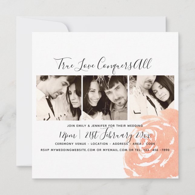 Coral Rose Photo Collage Wedding Invitation Square (Front)