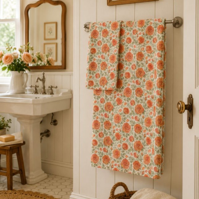 Coral Rose & Sage Garden Pattern Bath Towel Set (Coral rose and sage floral bath towels in a warm vintage cottage bathroom.)