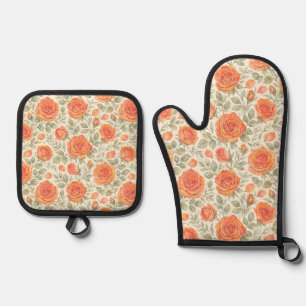 Coral Rose & Sage Garden Pattern Oven Mitt & Pot Holder Set