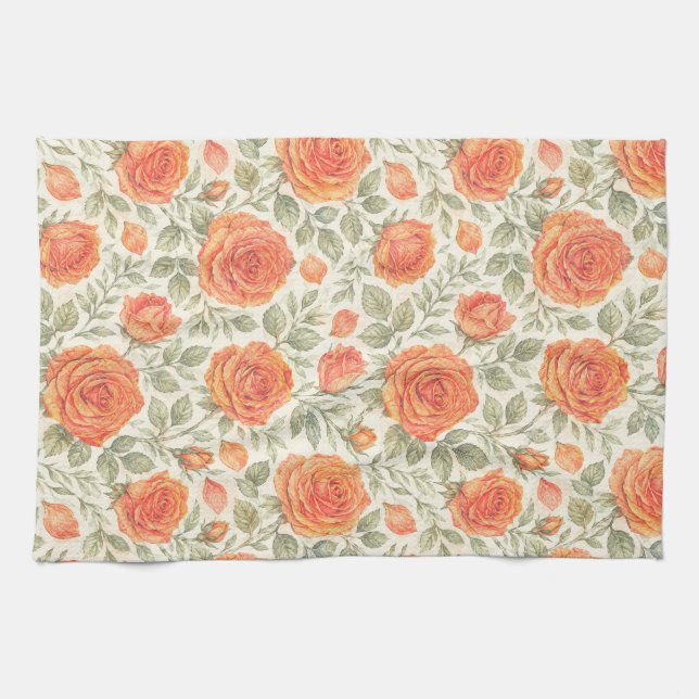 Coral Rose & Sage Garden Pattern Tea Towel (Horizontal)