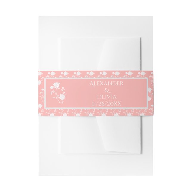 Coral Rose Wedding Invitation Belly Band (Front Example)
