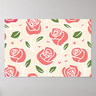 Coral Roses and Green Leaves with Heart Accents Poster