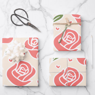 Coral Roses and Green Leaves with Heart Accents Wrapping Paper Sheet