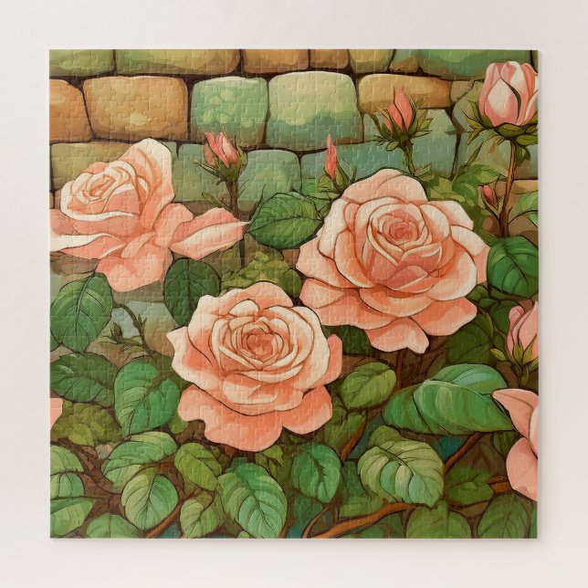 Coral Roses and Stone Wall Jigsaw Puzzle (Vertical)