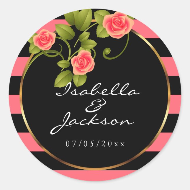 Coral Roses on Coral and Black Stripes Classic Round Sticker (Front)