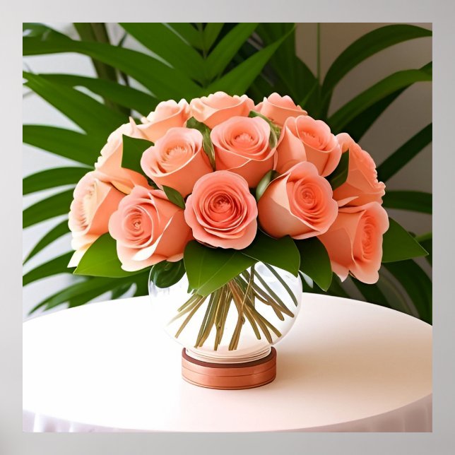 🌺 Coral Roses Table Still Life Wall Art 🌿 (Front)