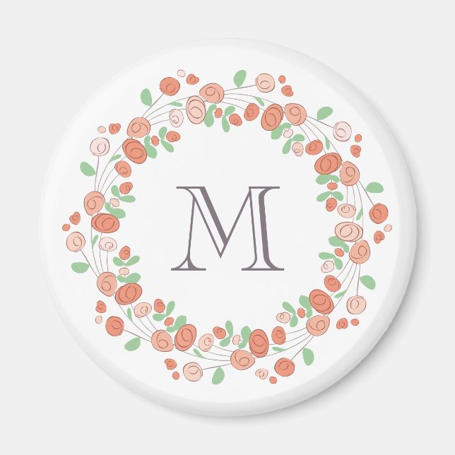 coral roses wreath monogram magnet (Front)